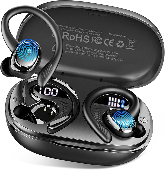 Hupoaf Wireless Earbuds Sport with Earhooks, 2026 Bluetooth 5.4 Headphones with 4 ENC Noise Canceling Mics, 50H Stereo Earphones for Running/Gym/Workout, IP7 Waterproof Over Ear Buds for Android/iOS