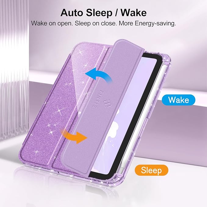 Fintie Slim Case for iPad Mini 7 (A17 Pro, 7th Generation) 2024 / iPad Mini 6 (6th Gen) 8.3 Inch - [Built-in Pencil Holder] Glittering Sparkly Shockproof Cover w/Shiny Clear Back Shell, Purple