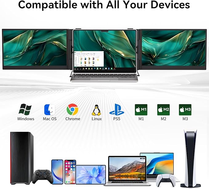 14" Triple Laptop Screen Extender, Ultra-Thin Lightweight FHD 1080P IPS Portable Monitor, Extended Dual Screen for Laptops 13-17.3" Compatible with Wins Mac Chrome Dex Phone Travel Work