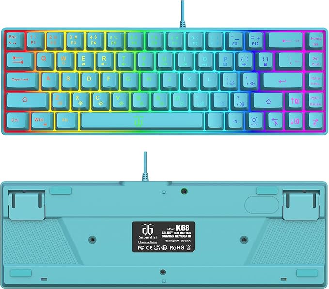 Snpurdiri 60% Membrane Gaming Keyboard,RGB Compact Wired Small Keyboard, Strong Mechanical Feel for PC/Mac Gamer, Typist, Travel, Easy to Carry on Business Trip(68 Keys,Blue)