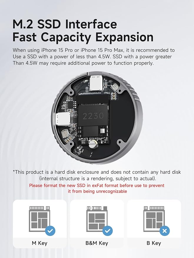 Hagibis Magnetic M.2 2230 NVMe SSD Enclosure with Magsafe for iPhone 17 16 15 Pro Max ProRes, USB C 3.2 10Gbps to NVMe Adapter, Aluminum External SSD Case for MacBook, iPad Pro, Android (MC100 Lite)