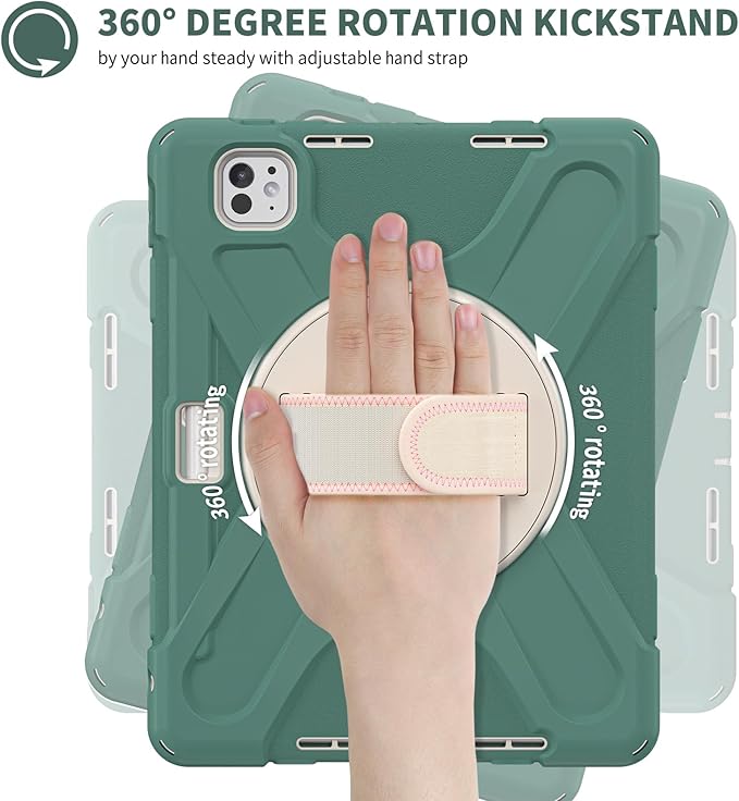 Batianda Case for New iPad Pro 11-inch 2025 M5 2024 M4 Chip Heavy Duty Rugged Durability Silicone Tablet Cover with 360° Rotating Hand Strap Foldable Hidden Stand & Shoulder Strap, Sea Green