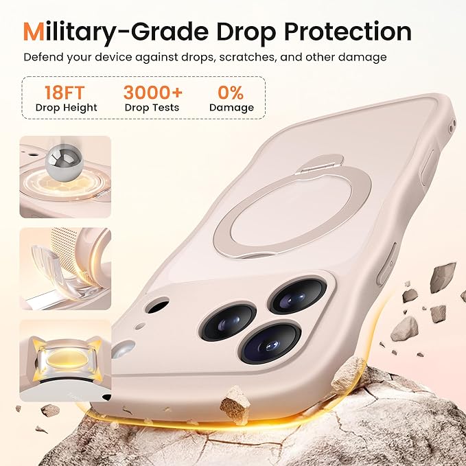 CAPRARO for iPhone 17 Pro Max Case with 360° Spin Magnetic Stand for Women, [Compatible with MagSafe] [Full Camera Protection] Cute Wave Translucent Matte Case for iPhone 17 Pro Max, Rose Gold
