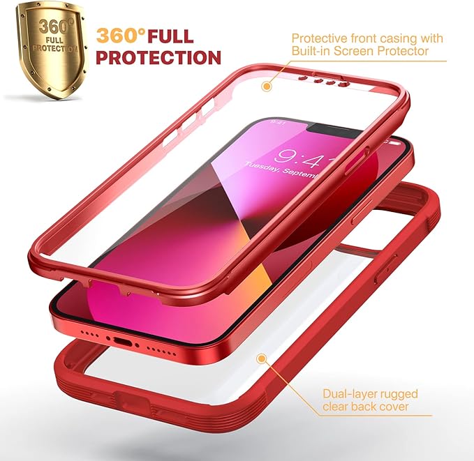 Diaclara Designed for iPhone 13 Case, Full Body Rugged Protection with Built-in Touch Sensitive Screen Protector, Soft TPU Bumper Case for iPhone 13 6.1" (Red and Clear)