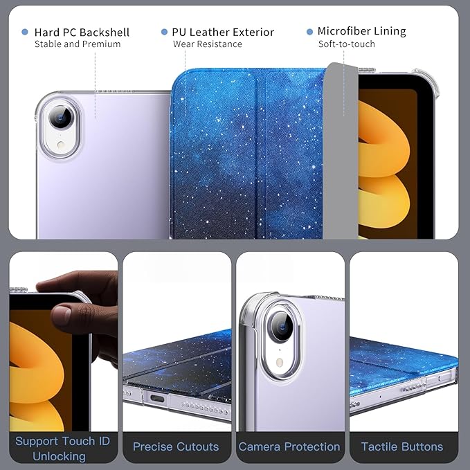 MoKo for iPad mini 7 (A17 Pro) Generation Case 2024, iPad mini 6 Case 2021, 8.3-inch Slim Lightweight Protective Hard Back PC Shell Stand Cover Support Touch ID, Auto Wake/Sleep, Blue Sky Star