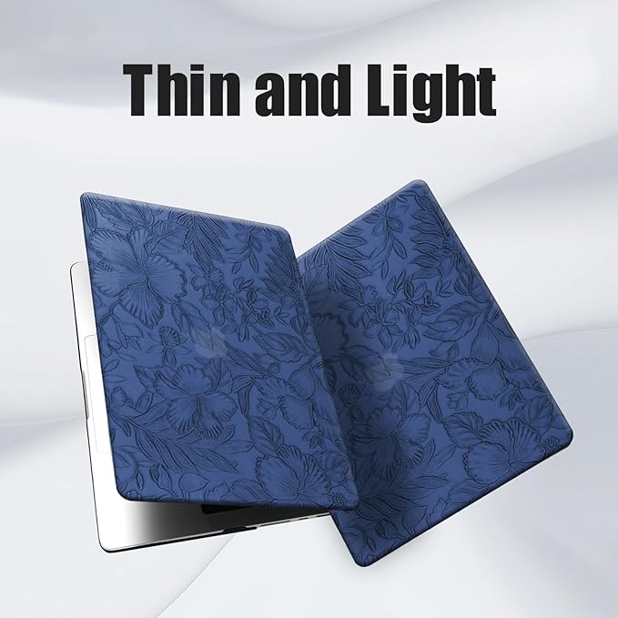 DTangLsm for MacBook Air 15 inch Case 2026 2025-2023 M5 M4 M3 M2 A3448 A3241 A3114 A2941, Textured Retro PU Leather Hard Cover for 15 inch MacBook Air Case A3114 + Keyboard Cover, Blue Embossed Floral