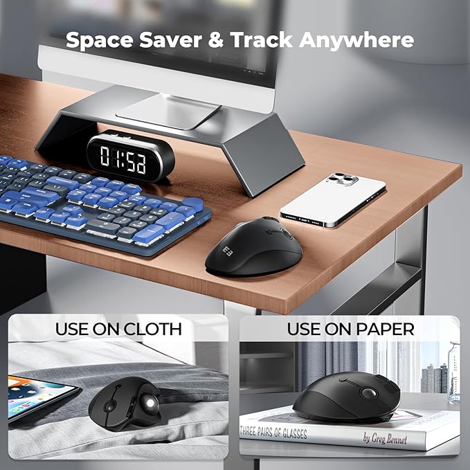 seenda Wireless Trackball Mouse, Ergonomic Bluetooth Rollerball Mouse Rechargeable, 3 Device Connection Optical Mice Adjustable DPI Thumb Control Mice Compatible for PC/Laptop/Windows/Mac - Black