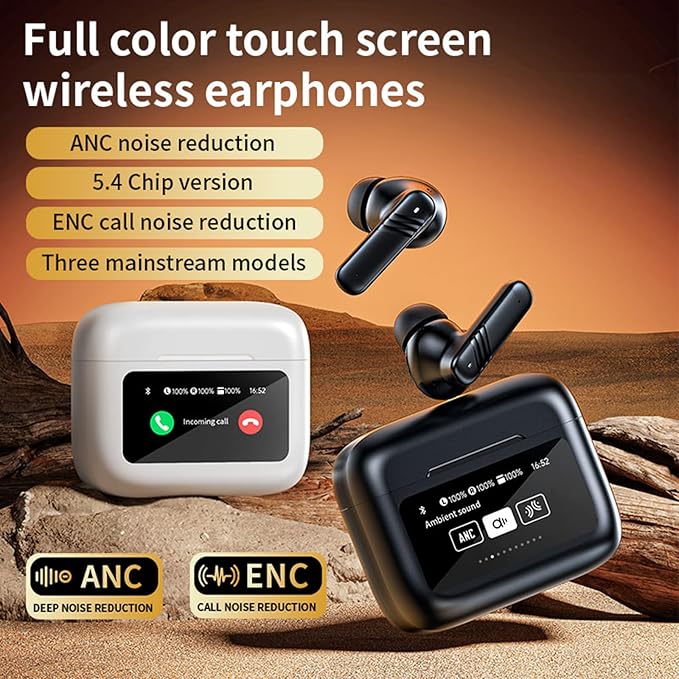 TWS Touch Screen Earbuds with Touch Screen Active Noise Cancelling TWS Wireless Bluetooth Touchscreen Earbuds ANC for iPhone Android Blue Tooth Ear Buds Noise Cancelling Earphones