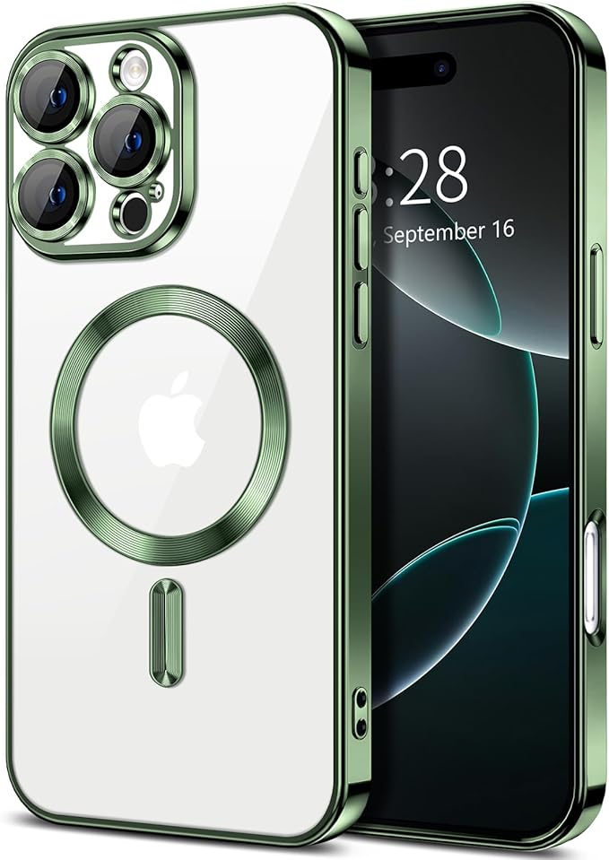 Hython Magnetic Clear for iPhone 16 Pro Max Case with Camera Lens Protector [Compatible with MagSafe] Plating Edge Slim Soft TPU Cover Protective Phone Case for iPhone 16 Pro Max 6.9", Deep Green