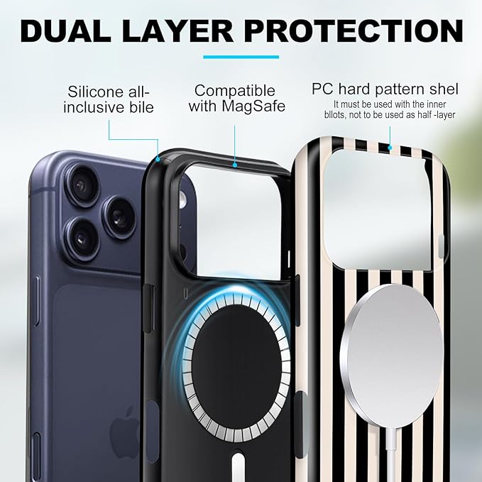Magnetic for iPhone 17 Pro Case Cute Stripes Phone Case, Shockproof Slim TPU and Hard PC Protective Phone Cover Compatible with MagSafe Designed for Women Girls, Black and White