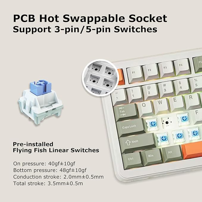 AK820 Max Tri-Mode Mechanical Keyboard, 2.4G Wireless/Bluetooth/USB-C, 75% 82Key Compact Layout, 8000mAh Battery, Hot-Swappable Gasket Mount, PBT Keycaps, RGB Backlit, Metal Knob (Fish Switch, Grey)