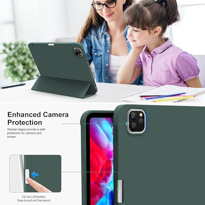 KENKE for iPad Pro 11 Inch Case 4th/3rd/2nd/1st Generation 2022/2021/2020/2018 Magnetic Attachment 2nd Pencil with Right Side Pencil Holder Soft Slim PU Cover Auto Wake/Sleep (Dark Green)