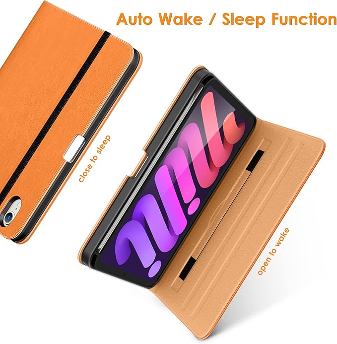 DTTO for iPad mini 7th (A17 Pro) 2024/iPad Mini 6th Generation Case 2021 8.3 Inch, Premium Leather Business Folio Stand Cover for Mini 7/6 with Pencil Holder-Multiple Viewing Angles, Orange