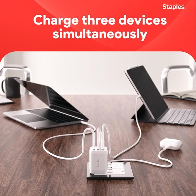 Staples TECH GaN Wall Charger, 65W – USB‑A & USB‑C Fast Charging, Includes Charging Cable, Compact Power Adapter for iPhone, Samsung, iPad & USB‑C Devices