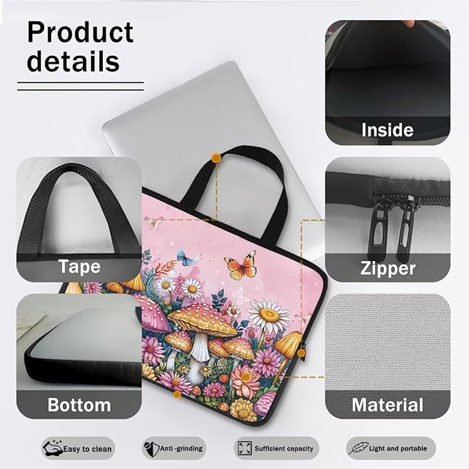 12 Inch Mushroom Butterfly Laptop Sleeve Cover Computer Bag Tablet Carrying Case with Handle, Water-Repellent Tote Bags Notebook Sleeves Handbag Messenger Briefcase Shoulder Bag