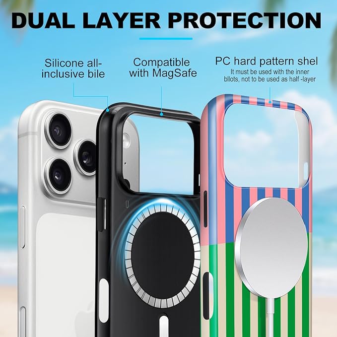Magnetic for iPhone 16 Plus Case Cute Stripes Phone Case, Shockproof Slim TPU and Hard PC Protective Phone Cover Compatible with MagSafe Designed for Women Girls, Gray