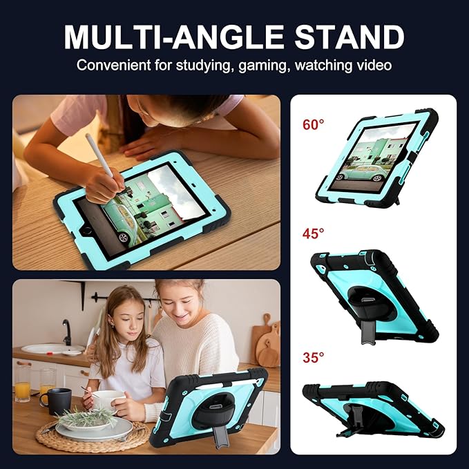 for iPad 6th Generation/iPad 5th Gen/iPad Air 2/iPad Pro 9.7" Case with Cute Key Chain, Rugged Protective Case with Rotating Stand & Shoulder Hand Strap for iPad 6th/5th/ Air 2 (Black+Aqua)