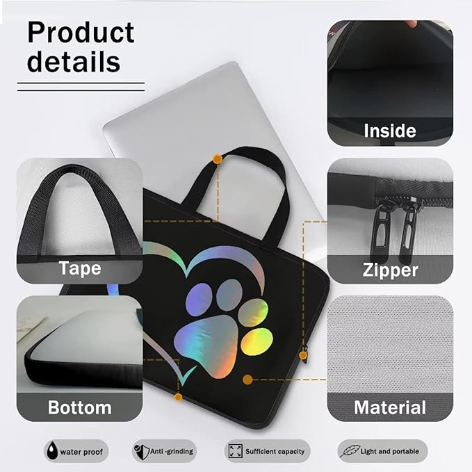 12 Inch Cute Dog Paw Laptop Sleeve, Protective Tablet Case with Handle, Computer Bag Carrying Case Portable Neoprene Notebook Cover Messenger Briefcase for Travel/Business/School/Men/Women
