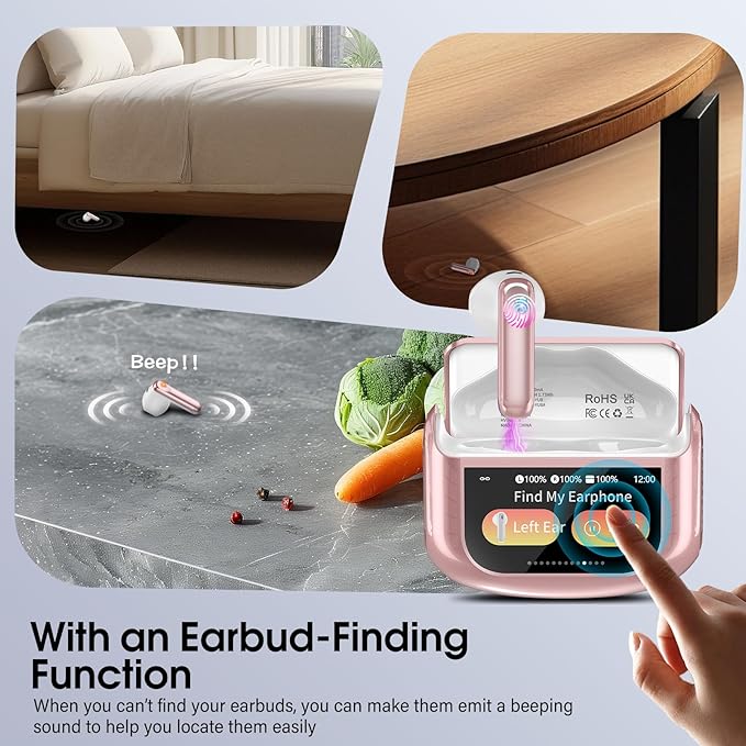 Wireless Earbuds, Bluetooth 5.4 Headphones with Multifunctional Touch Screen, 48H Hi-Fi Stereo Ear Buds with ENC Noise Cancelling Mic/5 EQ Modes Earbuds, IPX7 Earphones for iOS Android Rose Gold