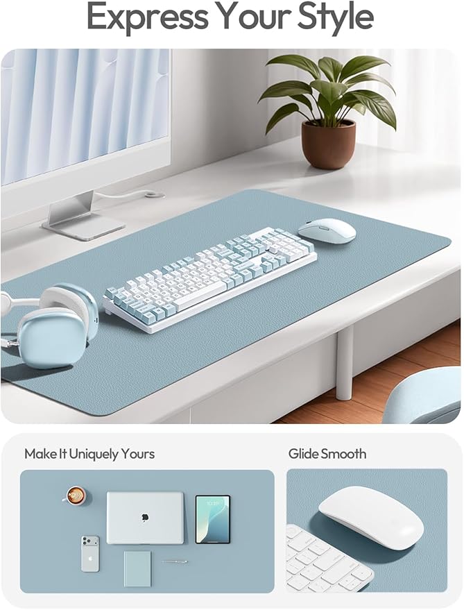 YSAGi Leather Desk Protector, Office Mat, Large Mouse Mat, Non-Slip PU Leather Blotter, Laptop Desk Pad, Waterproof Writing Pad for Office and Home (Ice Blue, 23.6" x 13.8")