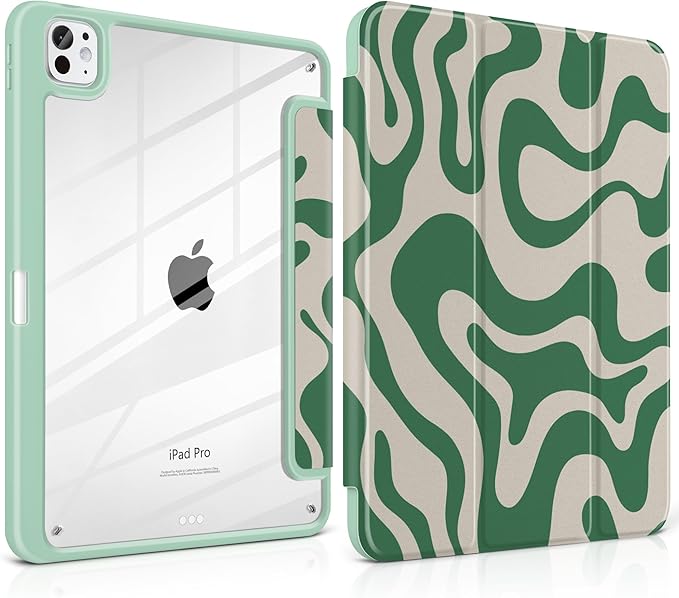 TWOLSKOO Case for iPad Pro 11-inch (M5 2025 / M4 2024), Clear Acrylic Back with TPU Bumper, Pencil Holder, Trifold Stand, Auto Sleep/Wake, Green Waves