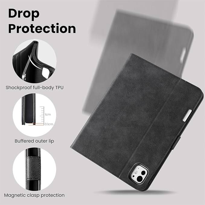 Handmade Case for iPad Pro 13 Inch (M5/M4) 2025/2024 with Pencil Holder Pocket,Magnetic Closure,Auto Sleep/Wake,Vegan Leather Folio Protective Cover,Multi Angles Stand,Black