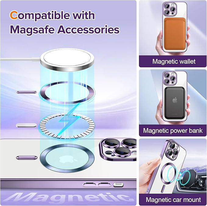 Hython Magnetic Clear for iPhone 12 Pro Max Case with Camera Lens Protector [Compatible with MagSafe] Plating Edge Slim Soft TPU Cover Protective Phone Case for iPhone 12 Pro Max 6.7", Deep Purple