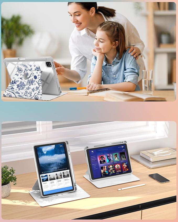 Uppuppy for iPad Pro 12.9 Case Folio Cover with Pencil Holder Girls Women Cute Girly Teens Blue Flower Pretty Kawaii Floral Rotating Stand for Apple iPad Pro 12.9 Inch Cases 2022/2021/2020/2018