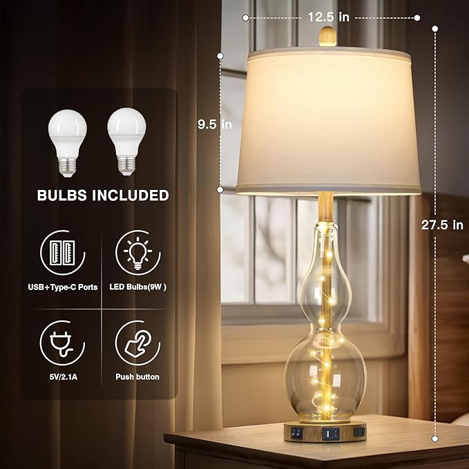 Rinweey 27.5" Clear Glass Table Lamp Set of 2 with Night Light,Bedside Lamps with USB Ports and AC Outlet, Modern Nightstand Lamps Retro Farmhouse lamp for Bedroom Living Room