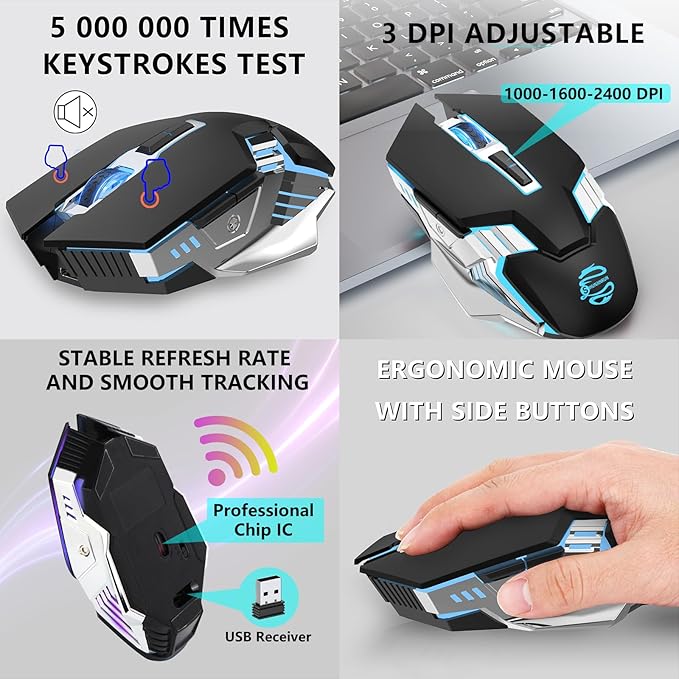 Bluetooth Gaming Mouse, RGB Rechargeable USB Wireless Mouse, Quiet Click, LED Backlit, Ergonomic, with Side Button, 6 Button, DPI Adjustable, Computer Mice for Laptop PC MacBook Chromebook - Black