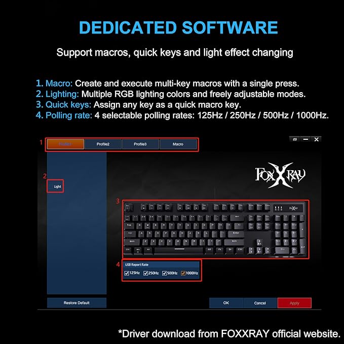 FOXXRAY HKM-88 Full-Size Mechanical Gaming Keyboard, Customizable Keys with Macro Support, RGB Backlit, Standard Clicky Blue Switches, USB Plug and Play for PC