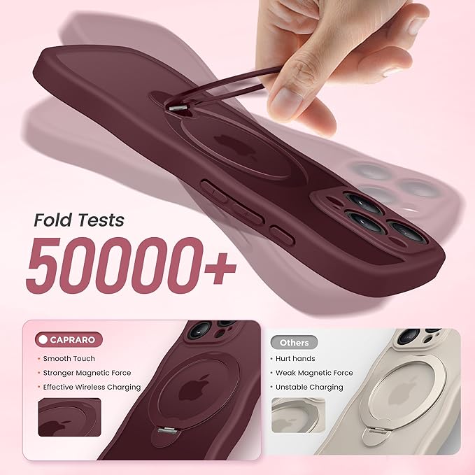 CAPRARO for iPhone 15 Pro Case with 360° Spin Magnetic Stand for Women, [Compatible with MagSafe] [Full Camera Protection] Cute Wave Translucent Matte Case for iPhone 15 Pro, Wine Red
