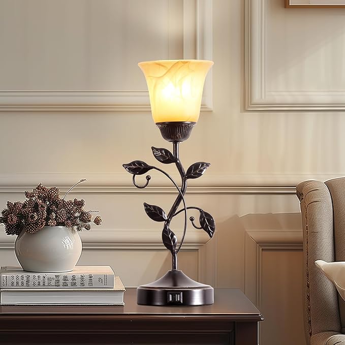 Set of 2 Touch Vintage Table Lamps with 2 USB Ports, 3-Way Dimmable Nightstand Flower Lamps, Amber Glass Shade Rustic Leaf Lamp for Living Room Bedroom, LED Bulb Included (Bronze)