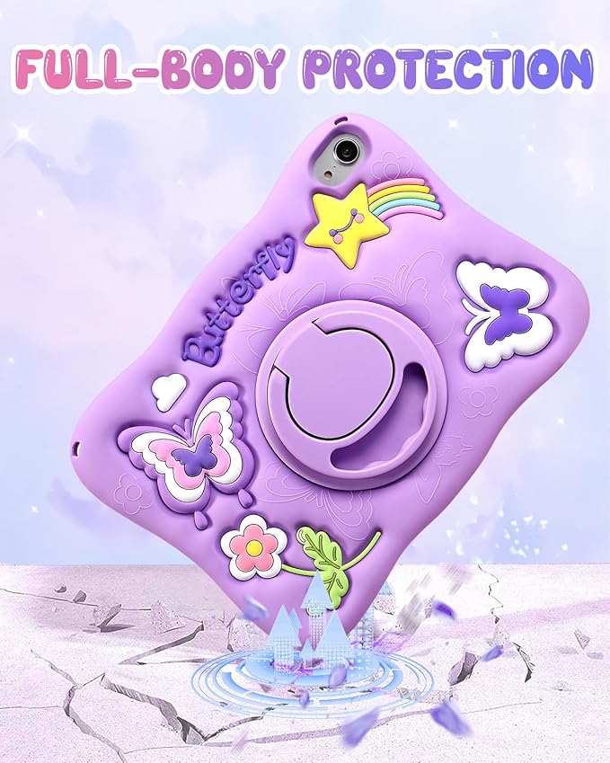 Kidcube for iPad mini 7 Case A17 Pro 2024, for iPad mini 6th Generation Case 8.3 Inch - Girls Cute Kawaii Girly 3D Purple Butterfly Design Cover with Rotating Stand & Strap Unique Silicone Women Case