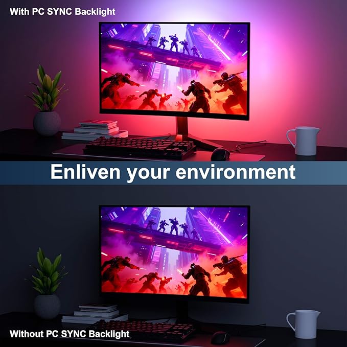 Monitor LED Backlights, 4-Side 24-32inch LED Strip Light Sync with Screen Color/Music, Computer Light Bar Behind Screen, for PC/Mac, LEDs for Desk Gaming, USB Interface (4-Side 27inch)