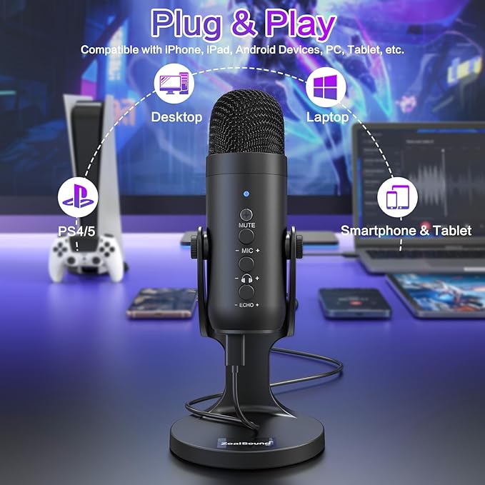 ZealSound Podcast Microphone for PC, Noise Cancellation USB Mic with Gain, Volume Adjustment & Mute Button, Monitoring & Echo, for YouTube, TikTok, Podcasting, Streaming, iPhone, iPad, Android, Mac
