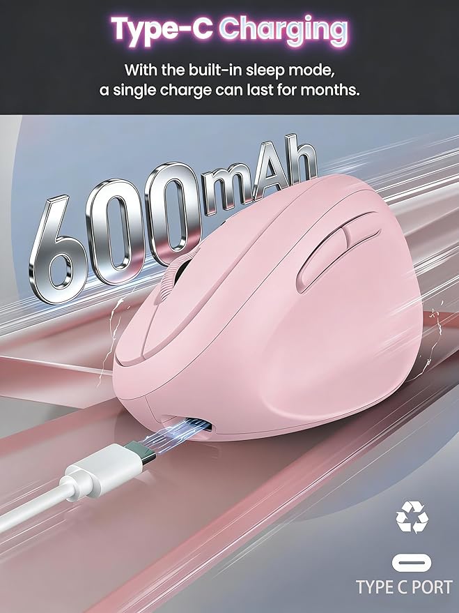 Ergonomic Mouse, Bluetooth Wireless Vertical Mouse, Rechargeable Battery, Quiet Clicks, DPI Adjustable, BT5.0/3.0 & 2.4G Connect, Easy to use, Wide Compatibility (Pink)