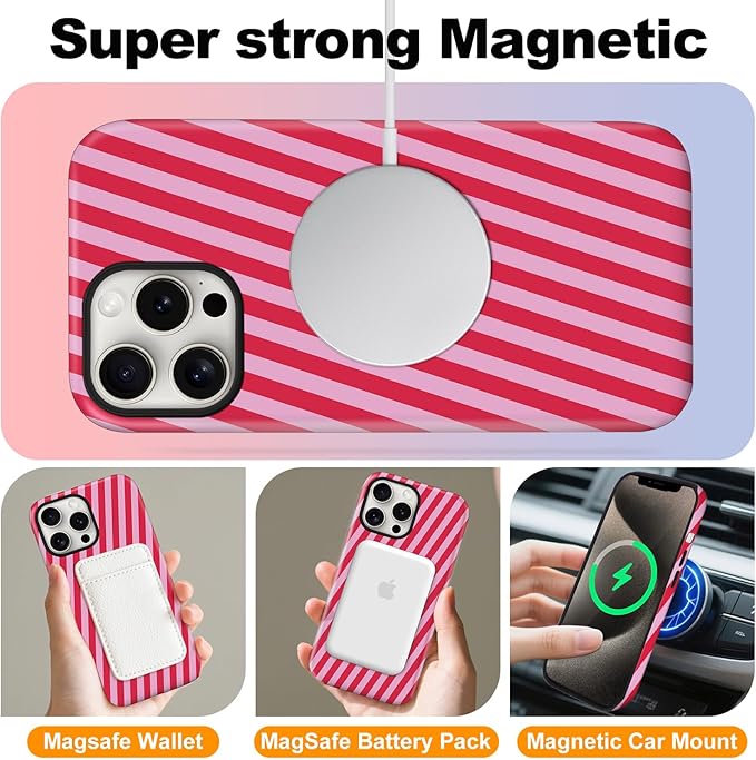 Magnetic for iPhone 13/14 Case Cute Diagonal Stripes Phone Case, Shockproof Slim TPU and Hard PC Protective Phone Cover Compatible with MagSafe Designed for Women Girls,Red