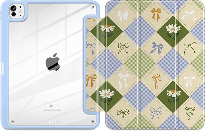 TWOLSKOO Case for iPad Pro 11-inch (M5 2025 / M4 2024), Clear Acrylic Back with TPU Bumper, Pencil Holder, Trifold Stand, Auto Sleep/Wake, Patchwork Bows