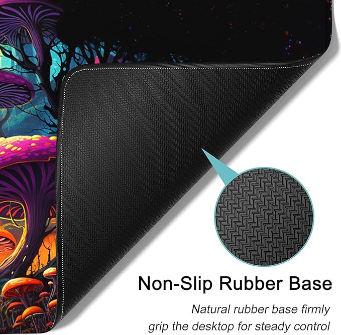 Large Mouse Pad, 31.5 x 11.8in Extended Gaming Mouse Pad with Stitched Edges, XXL Mousepad Protector Non Slip Rubber Base for Office & Home Writing Mat, Colorful Mushroom Forest Pattern Black Desk Mat