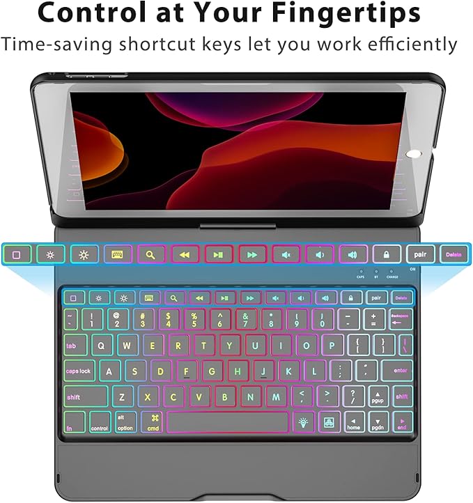 MMK for iPad 6th Generation Case with Keyboard | Compatible with iPad 5th Gen (2017) & iPad Air (1st, 2th Gen | 2013, 2014) & iPad Pro 9.7 inch (2016) | 10 Color Backlight & 360 Rotation-Black