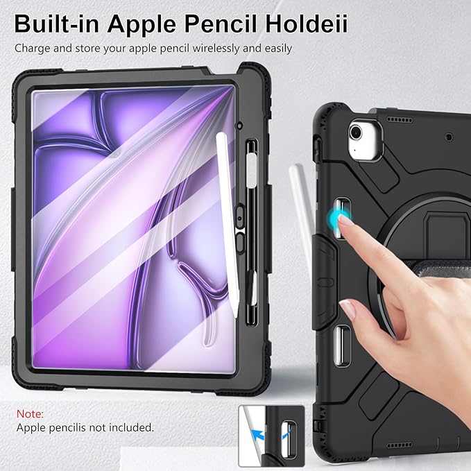 Case for iPad Air 13 Inch M4/M3/M2 (2026/2025/2024): Silicone Shockproof Case with Screen Protector - Stand - Handle - Shoulder Strap - Pen Holder- Black