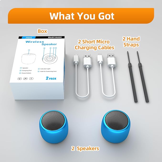 2Pack Portable Mini Speaker, Bluetooth Tiny Speaker for Shower, Room, Bike, Rechargeable Battery, Built-in Microphone with Strap to Carry, Blue