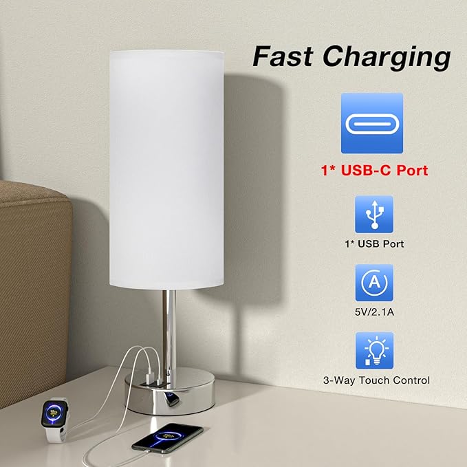 Dicoool White Bedside Touch Table Lamps for Bedroom Nightstand with USB-C USB-A Charging Ports White, 3 Way Dimmable Control Small Lamp Silver Base for Office, Living Room, Reading