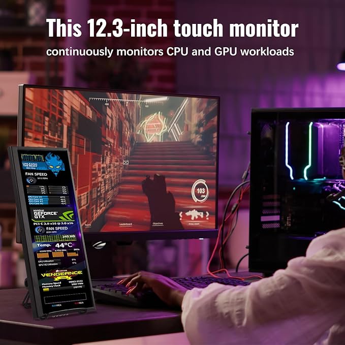 Prechen 12.3 Inch Touchscreen Secondary Monitor, IPS Stretched Bar LCD Travel Touch Display 1920 * 720 HDMI USBC, Portable Touch Screen for Laptop Computer Windows Aida64 GPU CPU RAM Monitoring