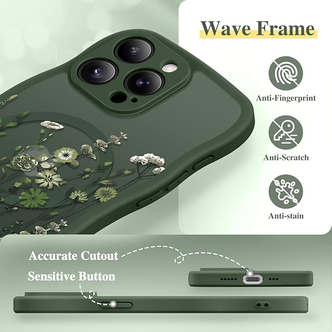 GVIEWIN for iPhone 15 Pro Case Compatible with MagSafe [Curly Wave Edge][Full Camera Protection] Floral Translucent Shockproof Magnetic Women Phone Case for iPhone 15 Pro 6.1'',Floratopia/Forest Green