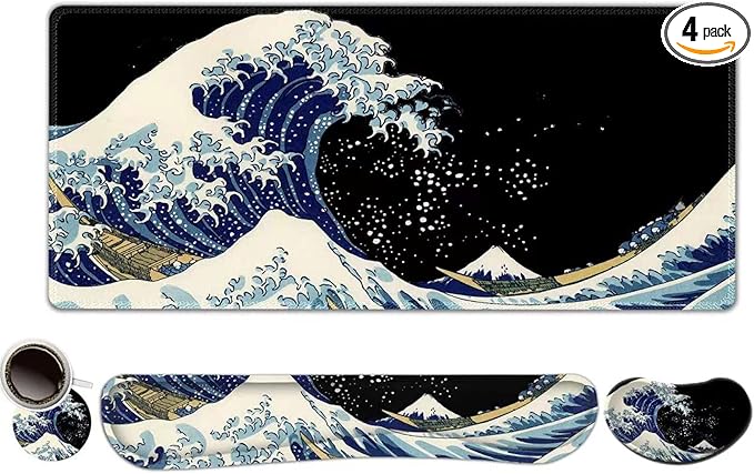 ToLuLu Extended Gaming Mouse Pad, Memory Foam Ergonomic Keyboard Mouse Wrist Rest Support Set, Large Desk Mat with Stitched Edges, Non-Slip Base Mousepad for Home Office Game Study, Wave of Kanagawa