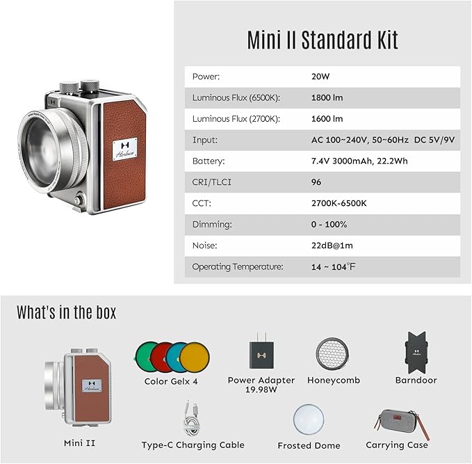 Harlowe Mini II 20W LED Video Light, 1800LM Bi-Color 2700K-6500K Dimmable Photography Lighting Standard Kit with Magnetic Accessory Mount, 15°-45° Beam Lens for Streaming, Vlogging, Zoom & Studio