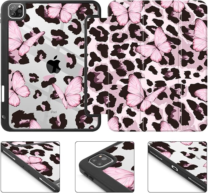Mektron Case for iPad Pro 11 inch (4th, 3rd, 2nd & 1st Gen) 2022 2021 2020 2018, Buit in Pencil Holder with Shockproof Cover Clear Shell + Auto Wake/Sleep, Leopard Pink Butterfly
