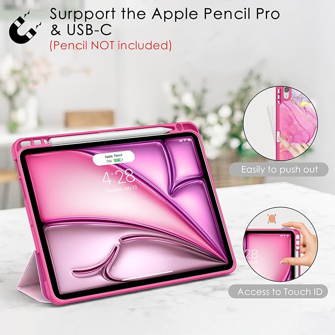 Soke Case for New iPad Air 11 Inch (M4/M3/M2, 2026-2024), iPad Air 5th/4th Generation 10.9 Inch (2020-2022) with Pencil Holder, Soft TPU Back Cover & Auto Sleep/Wake, Hot Pink Marble